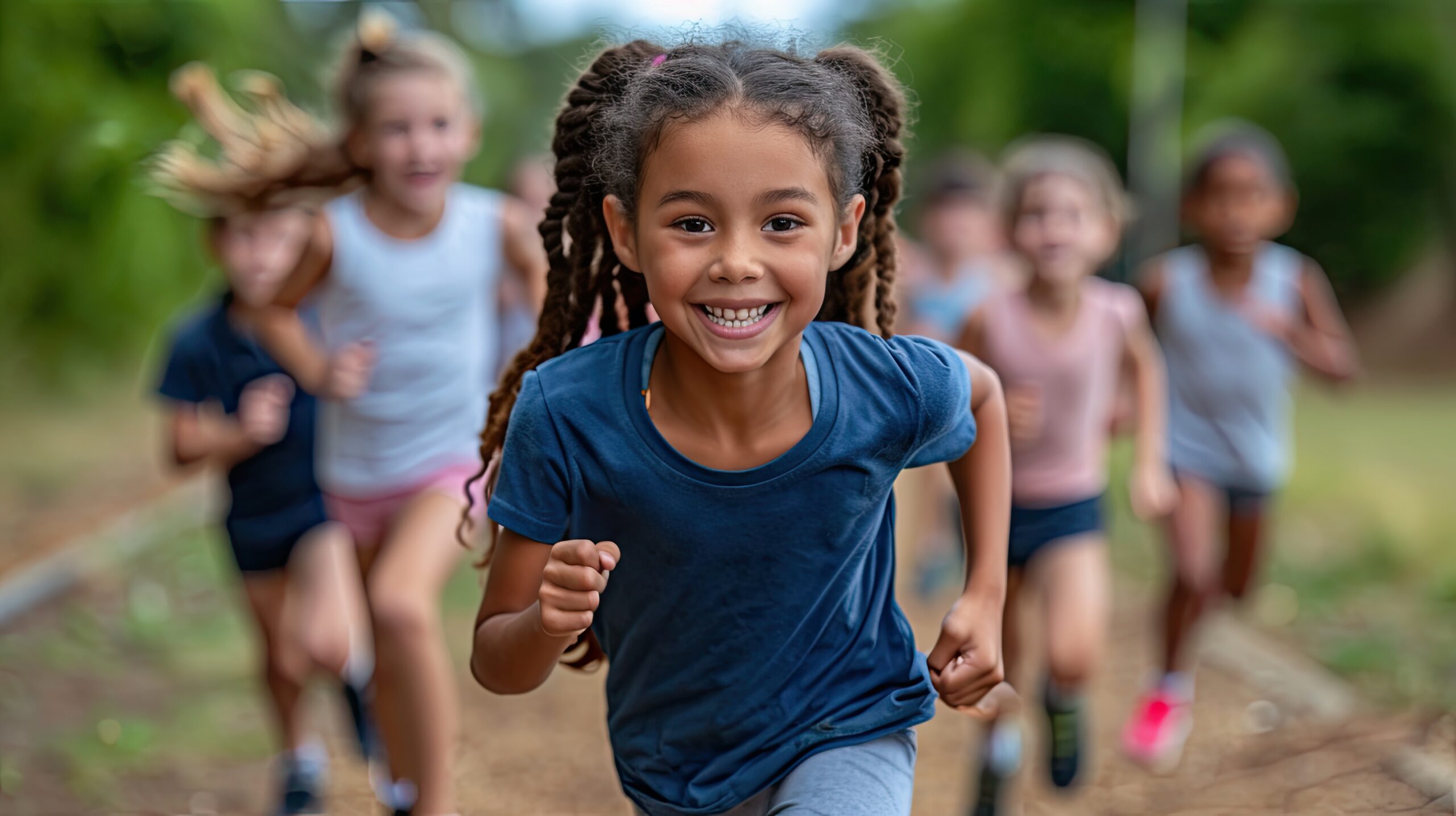 Girl running with a class behind her