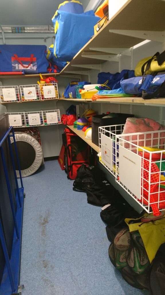 PE Equipment in a Primary School PE cupboard