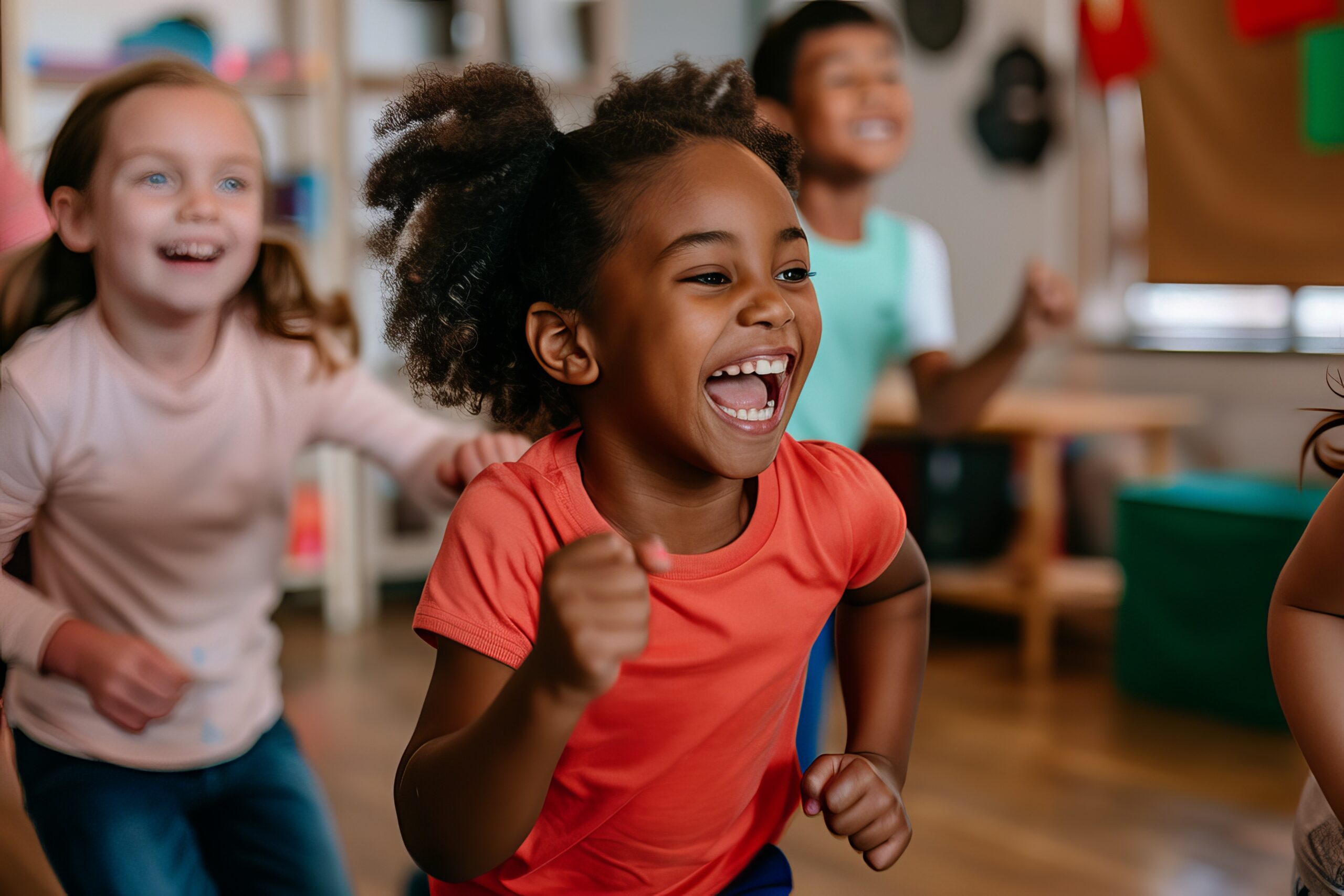 Primary school children, playing an indoor PE game