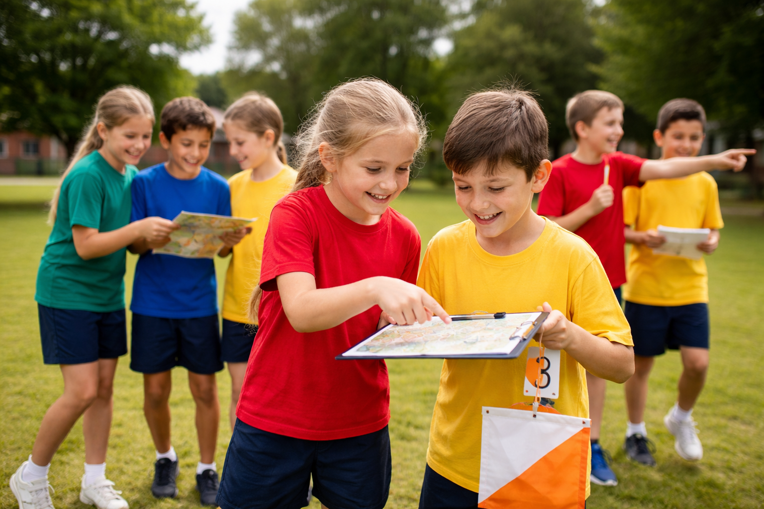 Image of children map reading in a primary school orienteering PE lesson